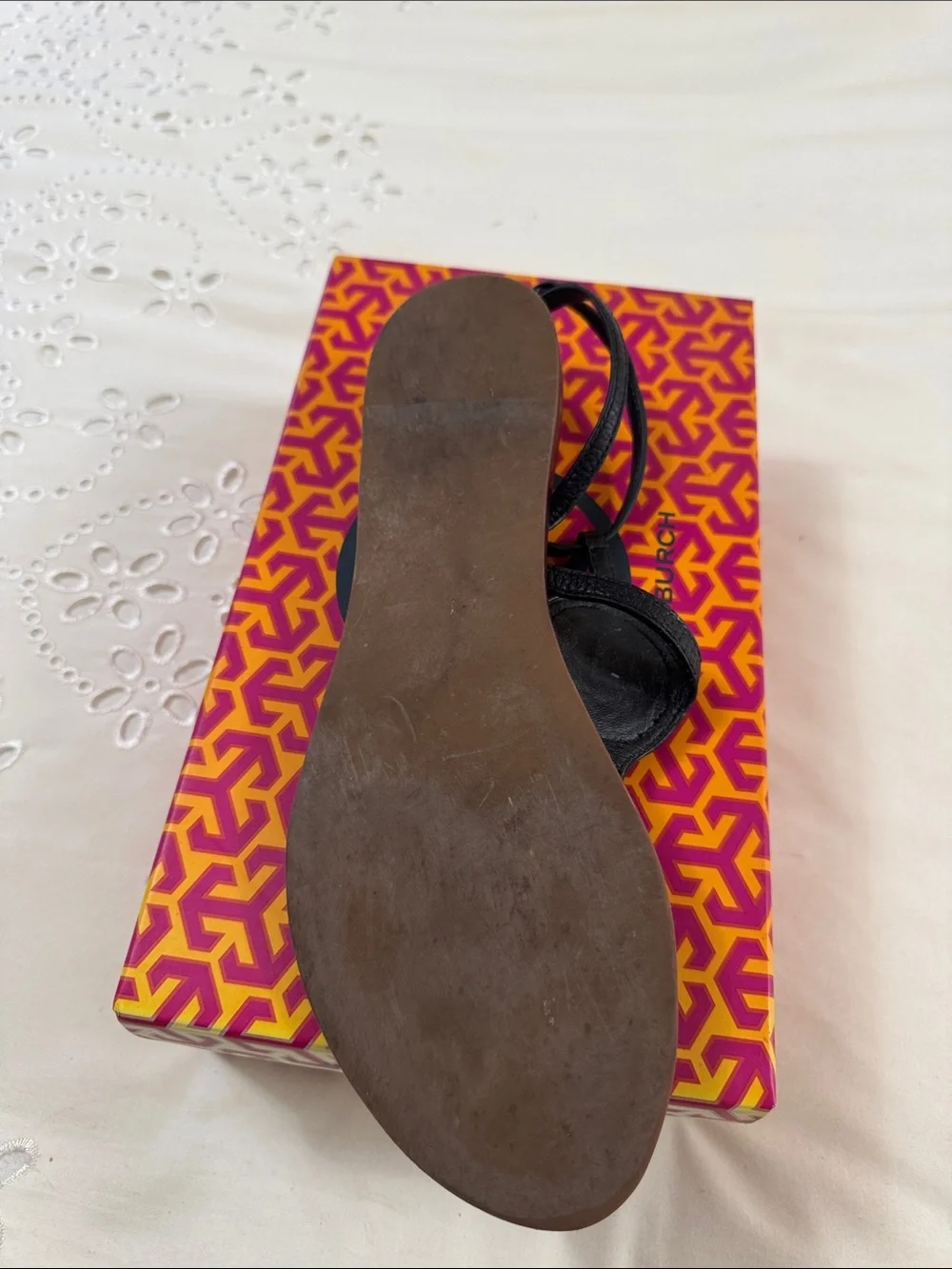 Tory Burch Black Leather Thong Sandal with Gold Logo
